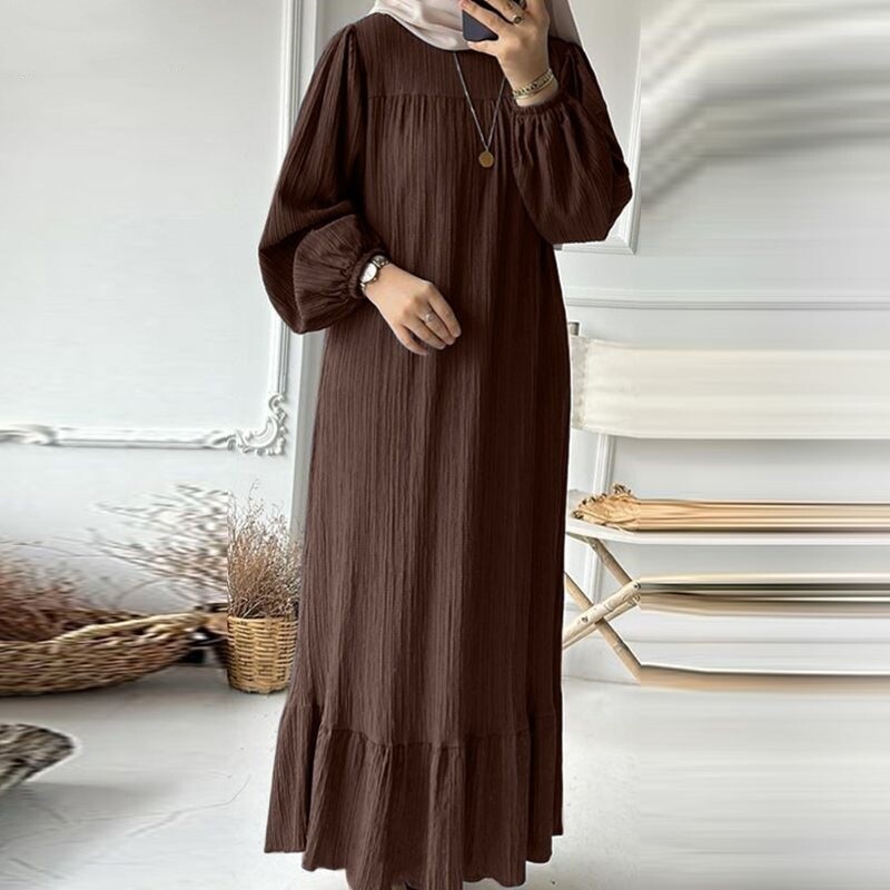 Women Dress Muslim Abaya Loose Burqa Long Sleeved Lady Plain Color Flounce Dress