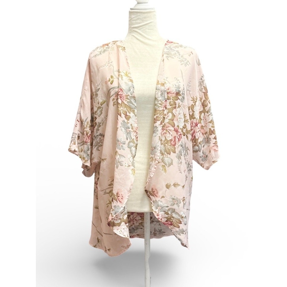 Light Pink Sheer Floral Open Front Kimono Size Small
