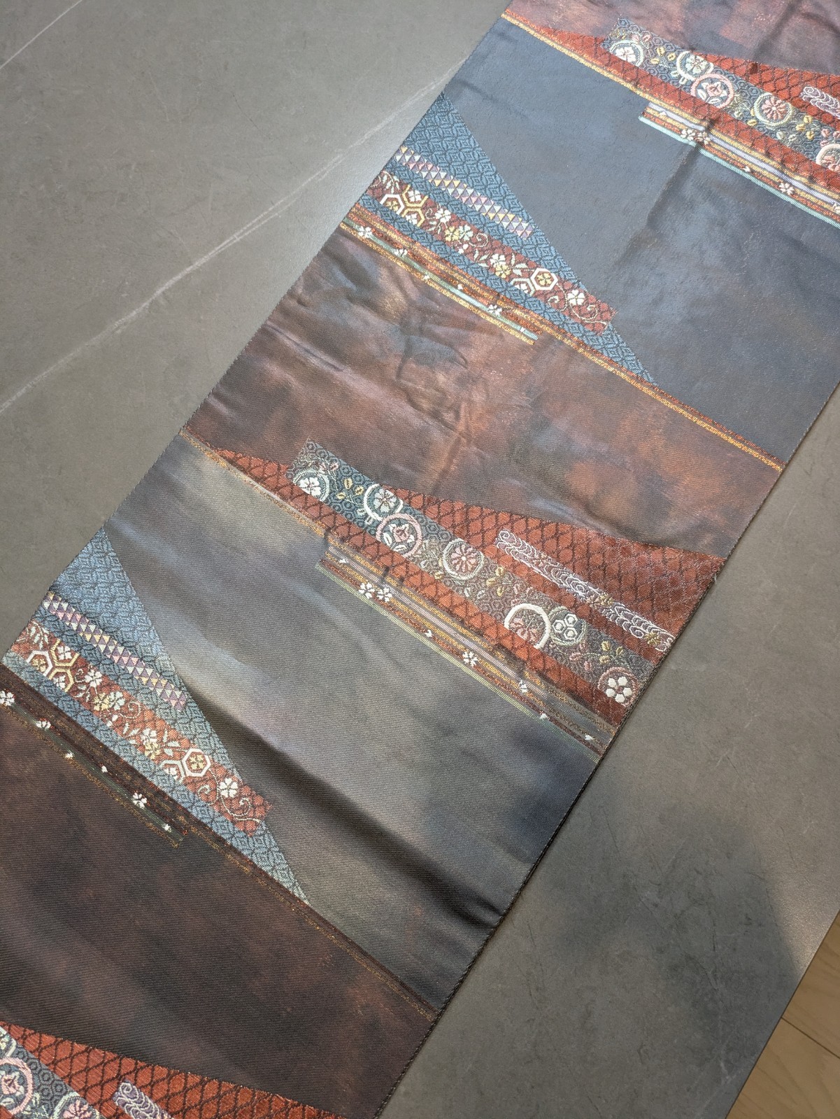 Vintage Japanese Kimono Silk Fukuro Obi Gray Geometric Brocade Textile Art