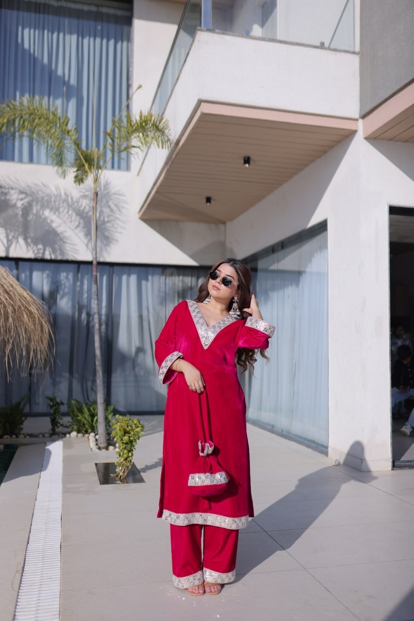ReadytoWear Velvet Kurti Pant Set | Eid Party Outfit Zari Mirror | S M L XL XXL