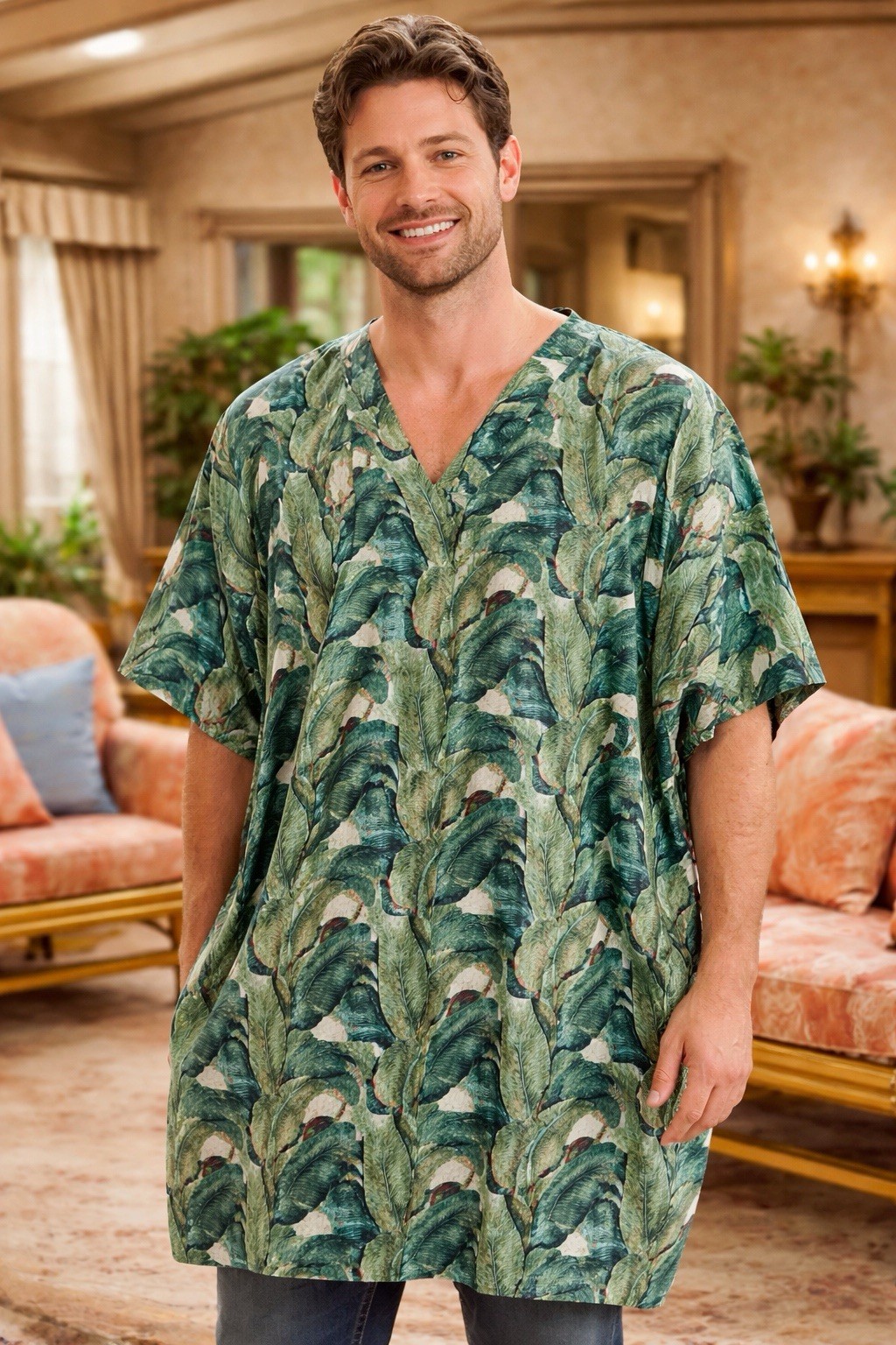 Caftan Green Kaftan Banana Leaf Boho Mumu Caftan Cotton Women Men Unisex Hippie