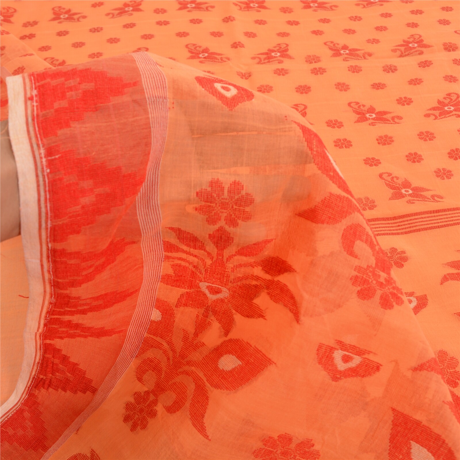 Sanskriti Vintage Peach Indian Sarees Pure Cotton Hand-Woven Sari 5 Yard Fabric