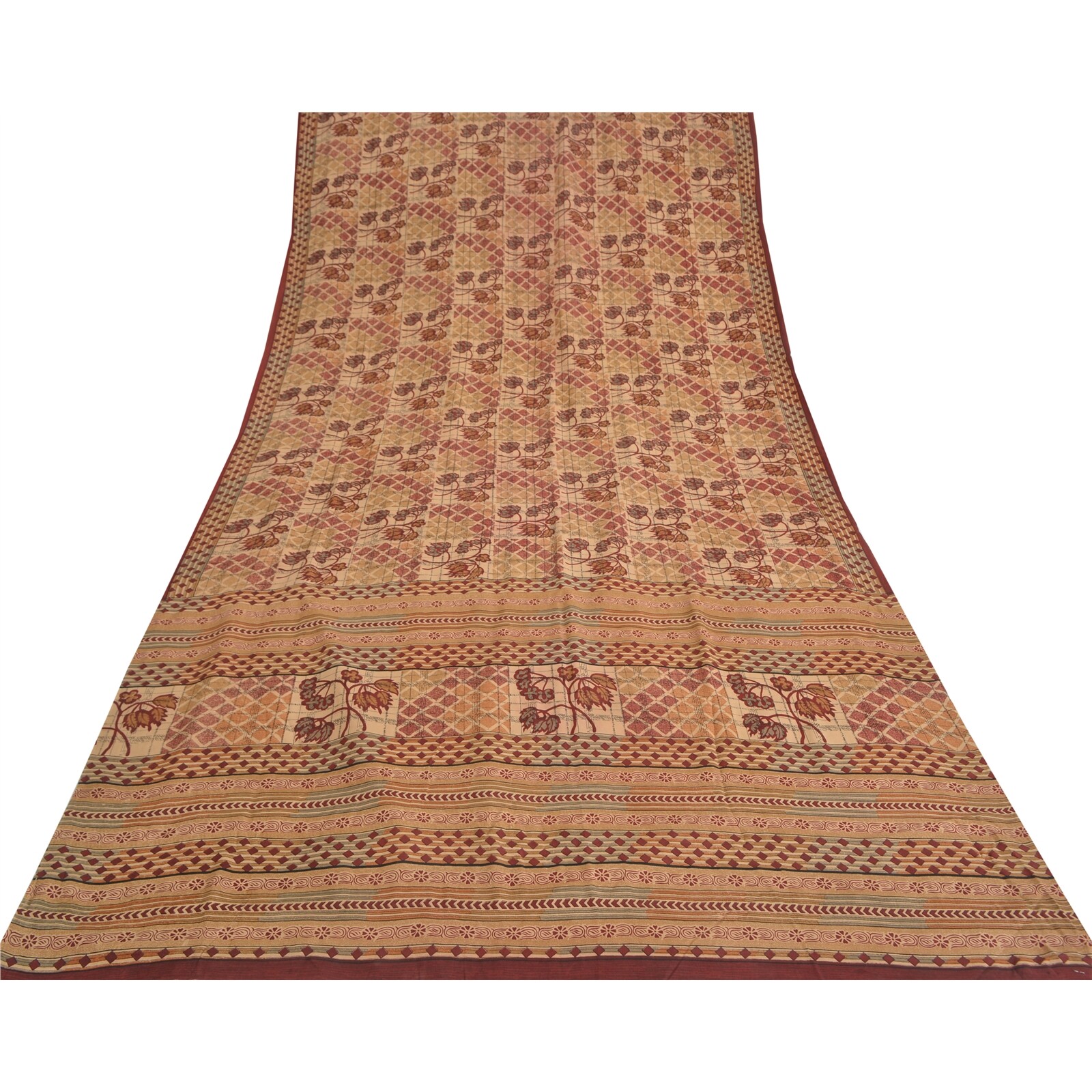 Sanskriti Vintage Sarees Red/Brown Pure Crepe Silk Printed Sari 5Yd Craft Fabric