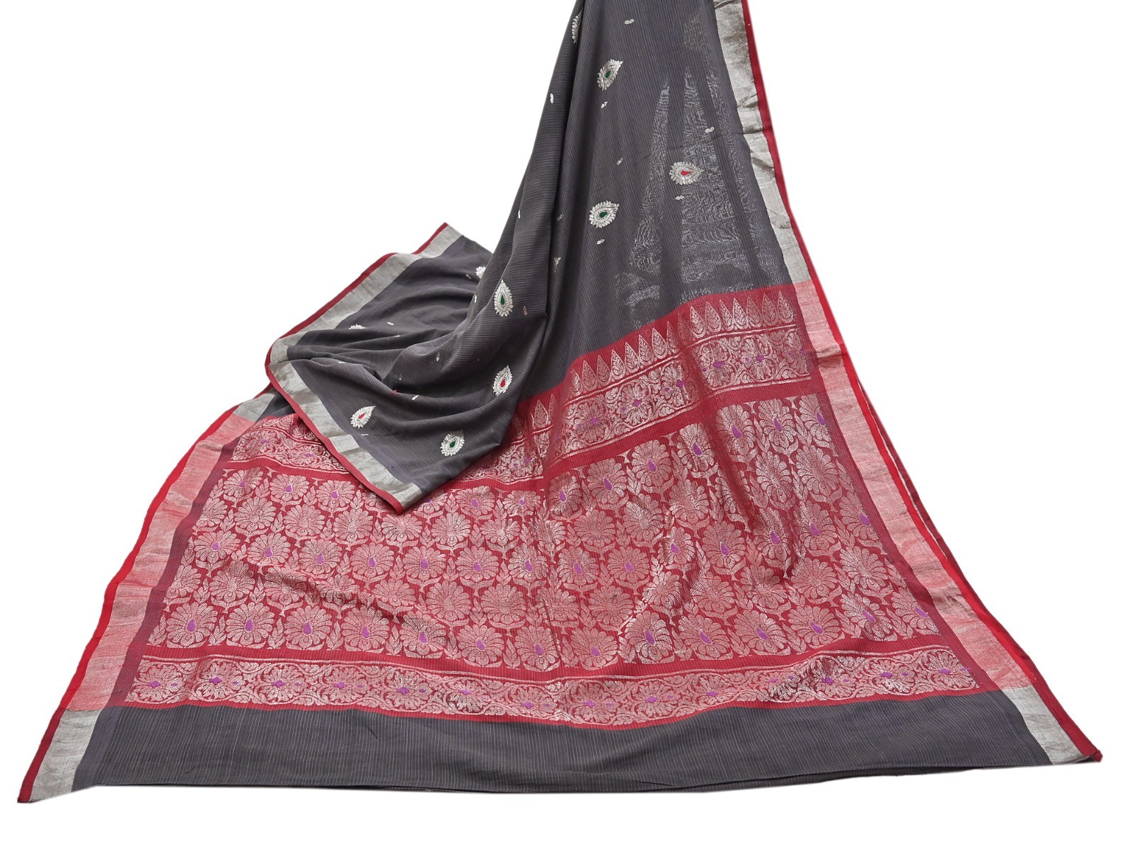 Indian Vintage Sari Red & Brown Pure Cotton Hand Woven Sarees Craft Fabric 5yd