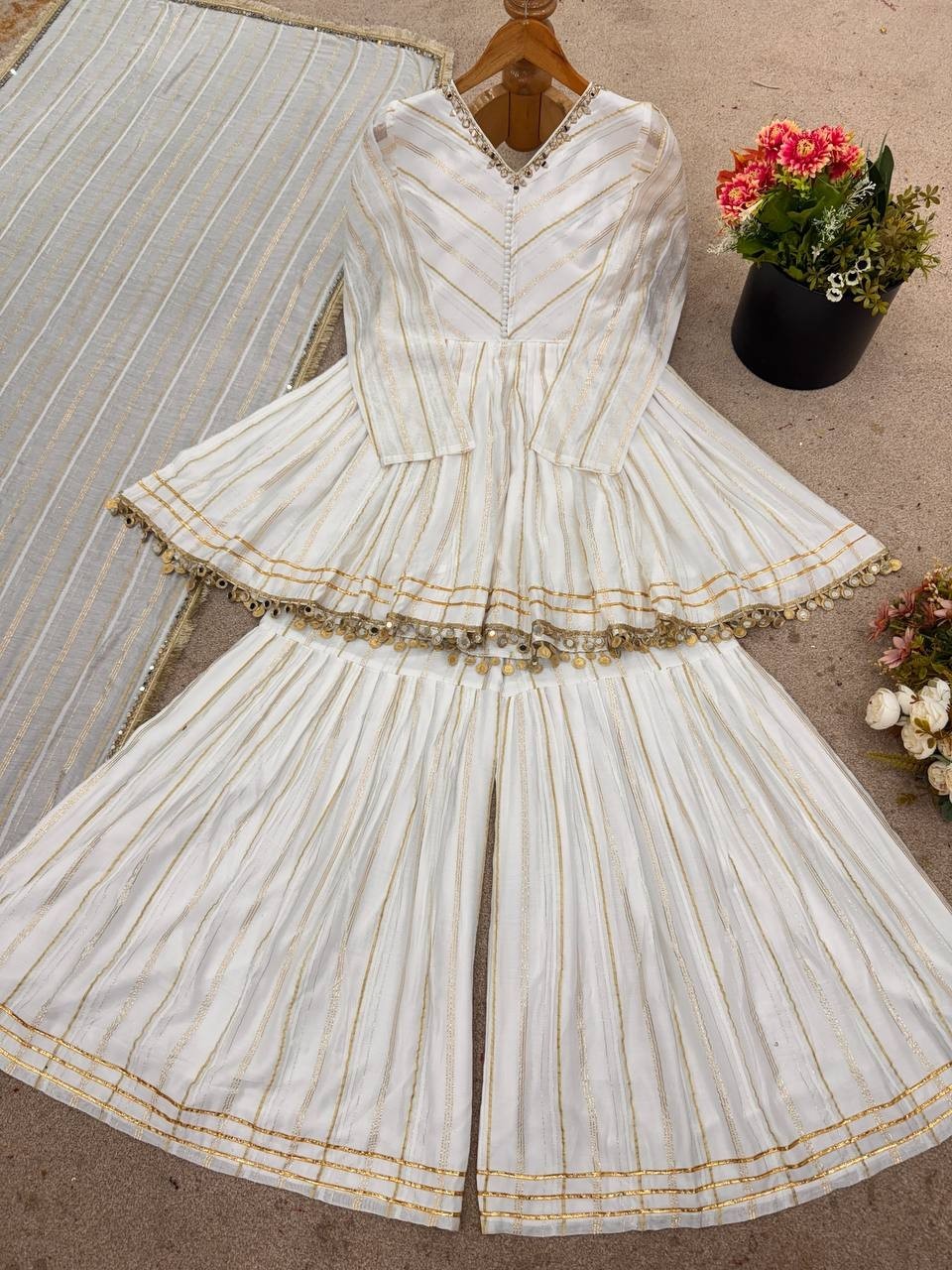 New Arrival Mal Chanderi Top Palazzo With White Dupatta For Indian Festival Wear