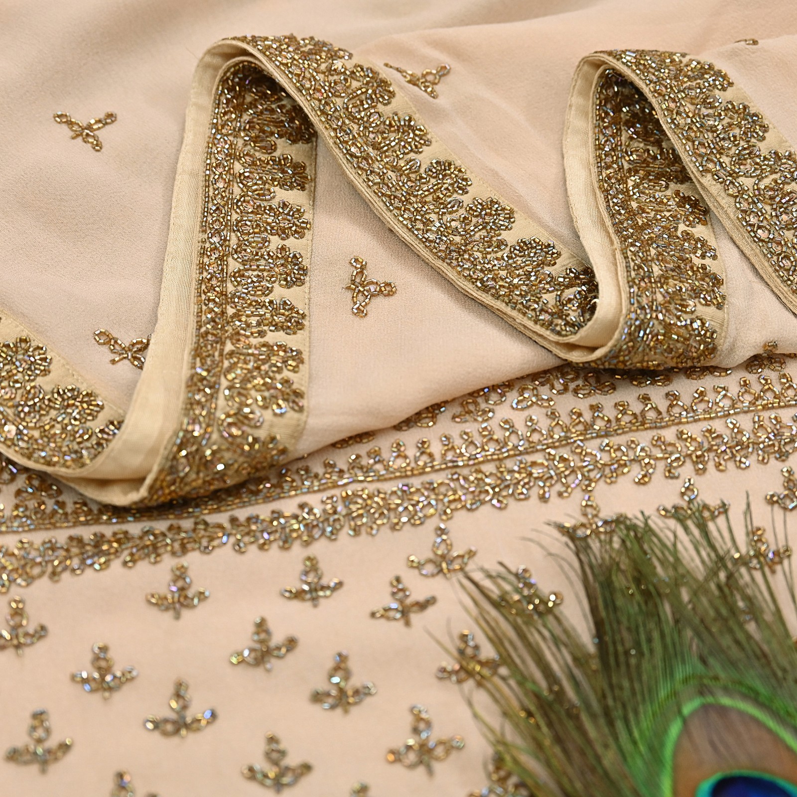 Rare Vintage Beige Georgette Silk Hand Embroidered Designer Sabyasachi Saree 6yd