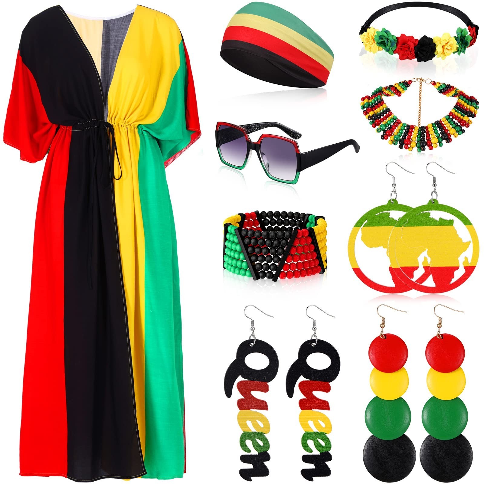 9 Pcs Women’s African Jamaican Accessories Set – Rasta Turban, Earrings, Necklac