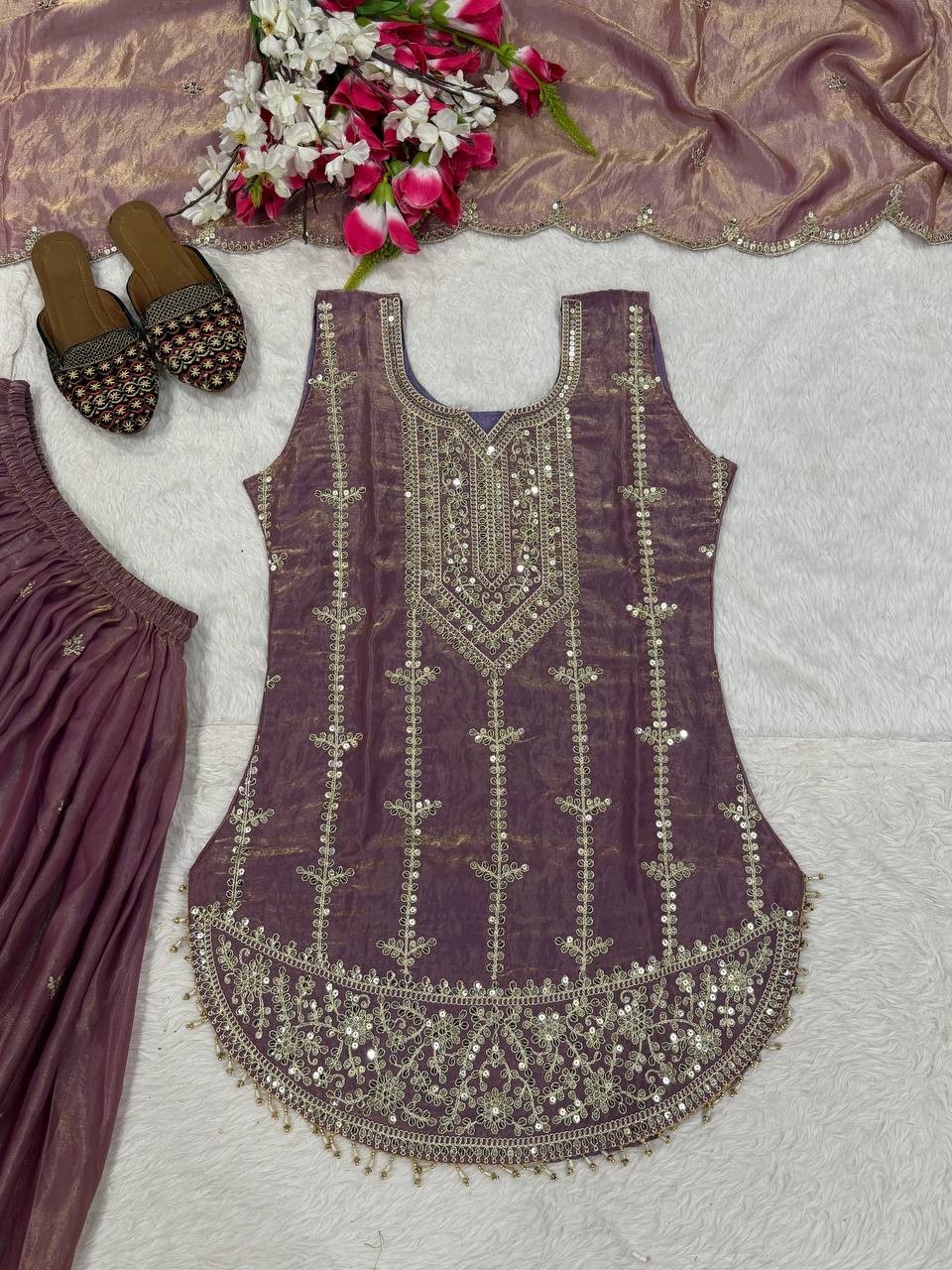 Attractive Look Heavy Silk Lavender Top Palazzo With Dupatta For Reception Wear