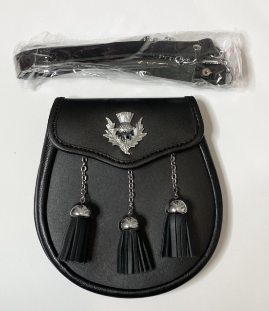 Semi-Dress Black Embossed 100% Chrome Leather Sporran with 3 Tassels Chain Belt