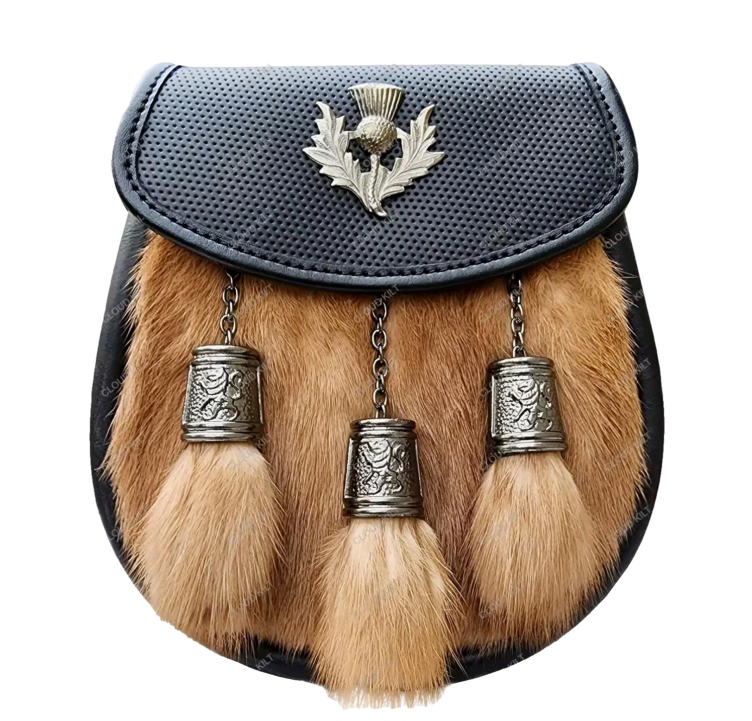 Mink Full Dress Kilt Sporran Antique Thistle Badge &Rampant Lion Tassel Caps