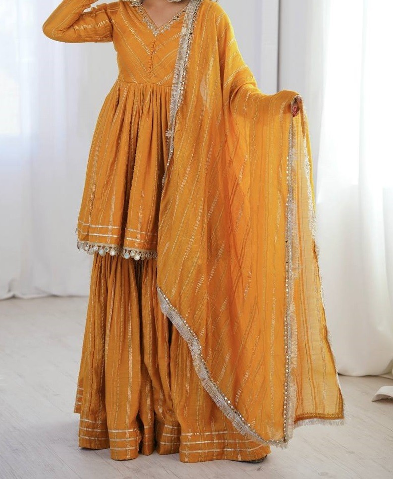 Stylish Look Mal Chanderi Yellow Palazzo Suit With Dupatta For Function Wear
