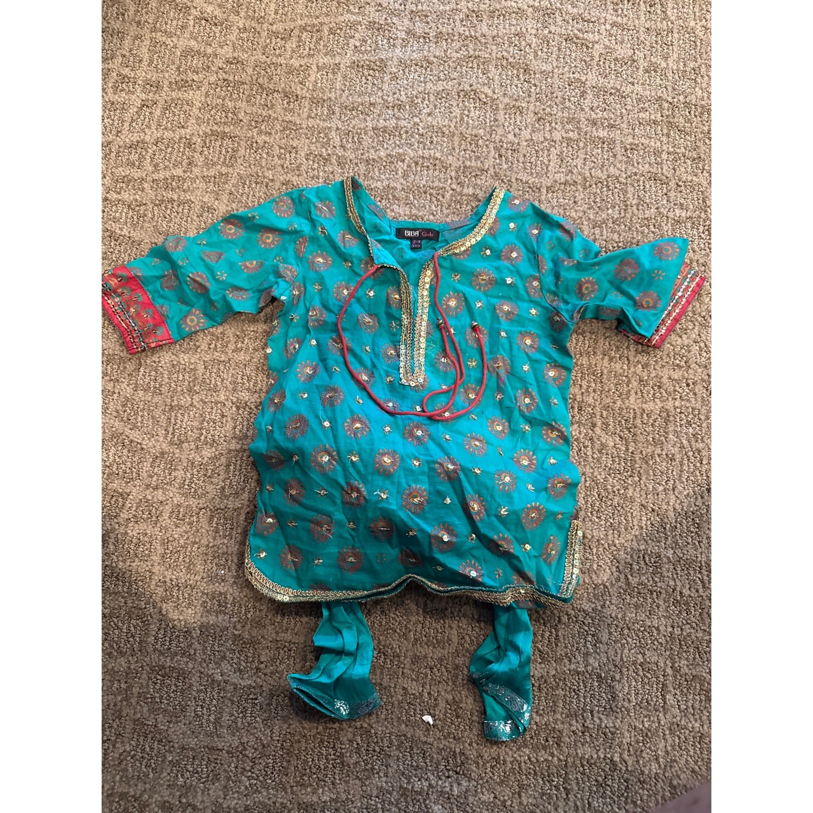BIBA Girls Kurta Salwar Set Size 2-3 Years Turquoise Embellished Indian Wear