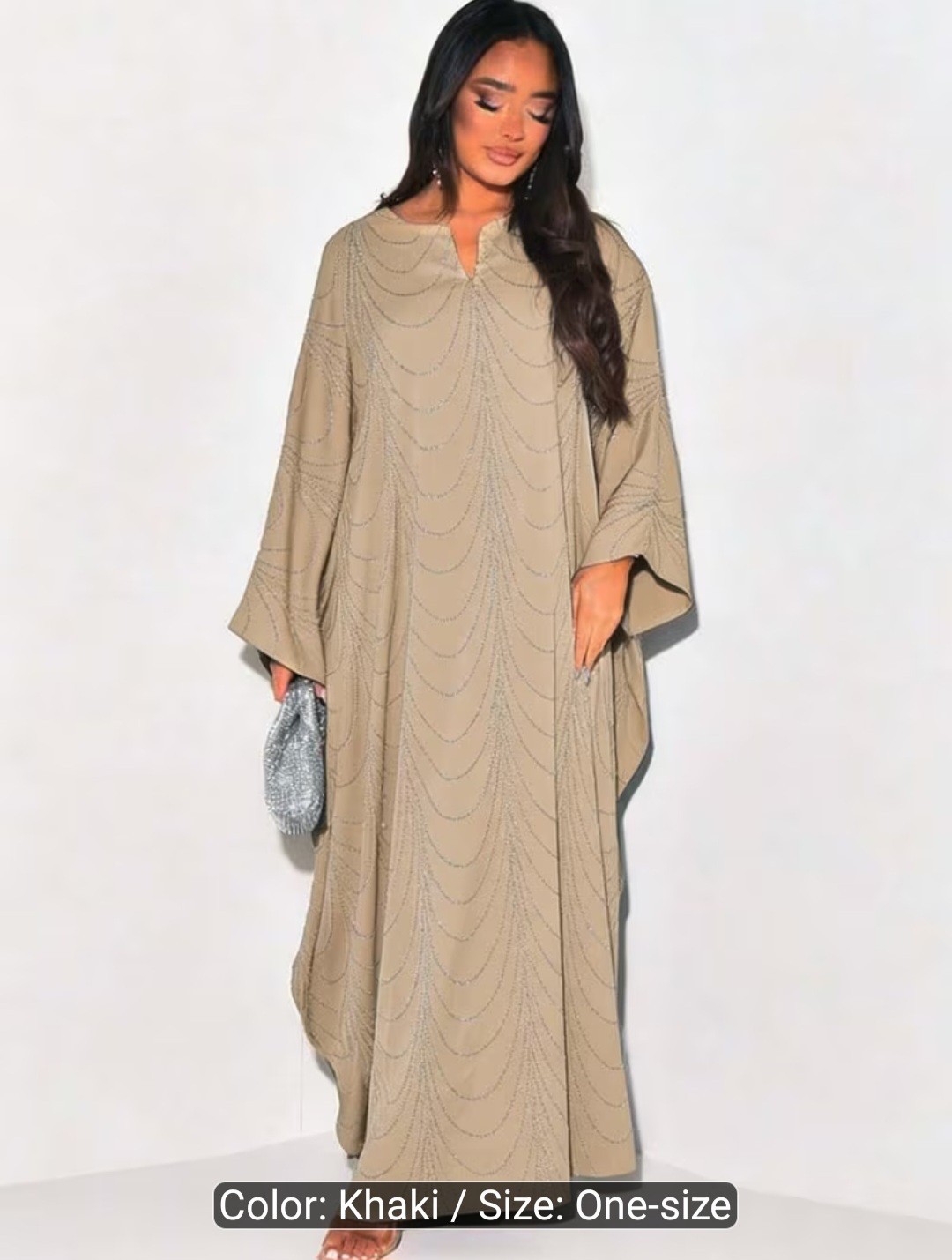 Women’s Khaki Kaftan Dress, One Size, Middle Eastern Abaya Style, Maxi