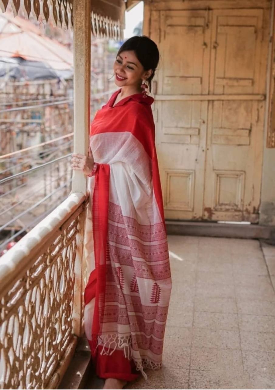 Indian Wedding Saree Red White Soft Linen Slab Saree Ethnic Traditional Wear