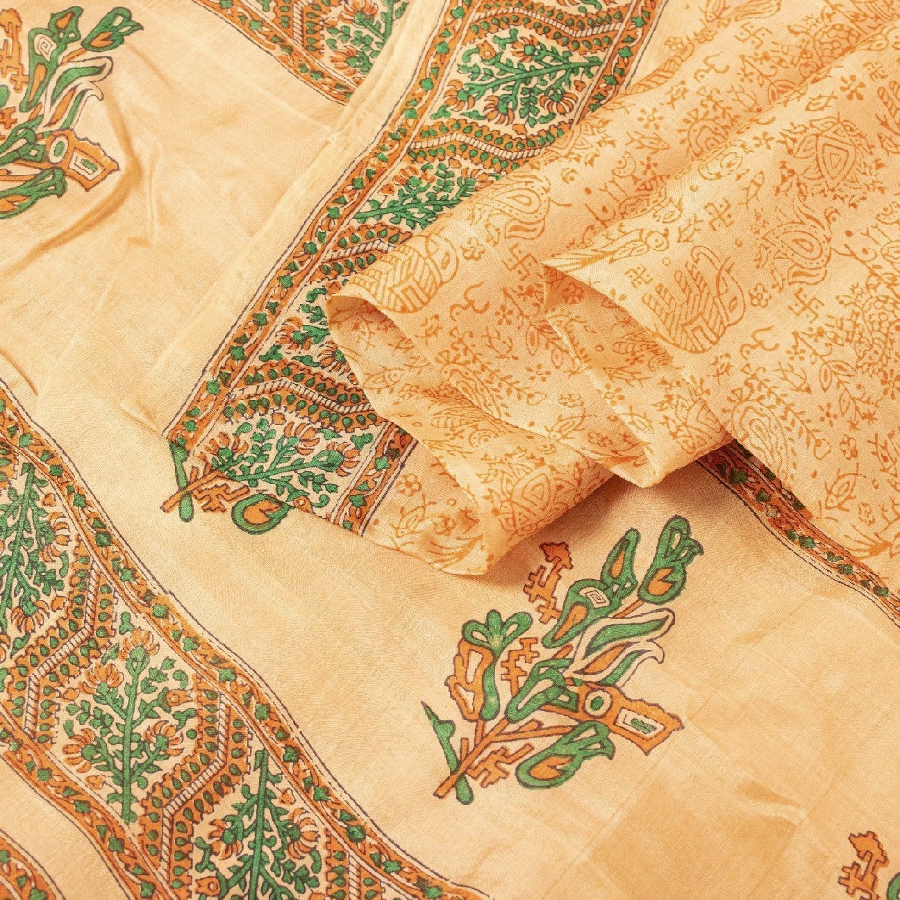 Sanskriti Vintage Sarees Beige Animal Swastik Printed Pure Silk 5+Yd Craft Sari