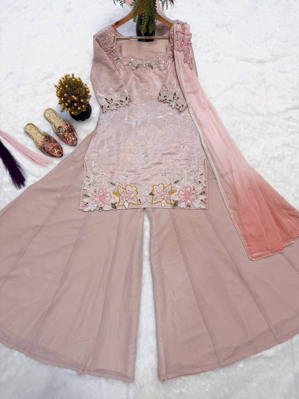 New Designer Roman Glass Silk Kurta Palazzo With Dupatta For Party Wear