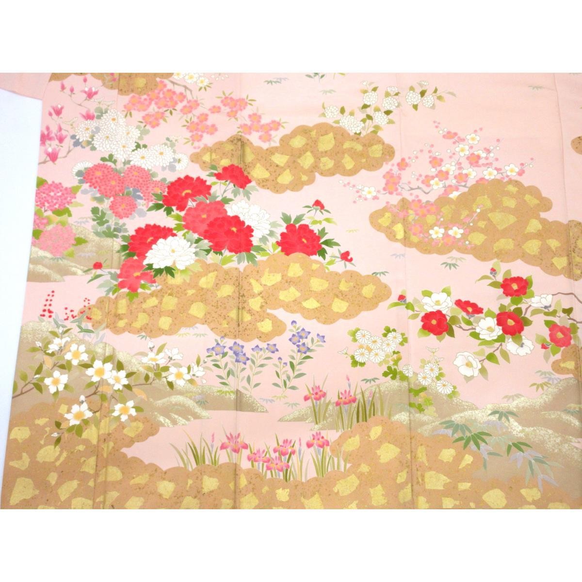 Authentic JAPANESE KIMONO Yuzen Gold Leaf Processing, Size S #260-007-505-2614