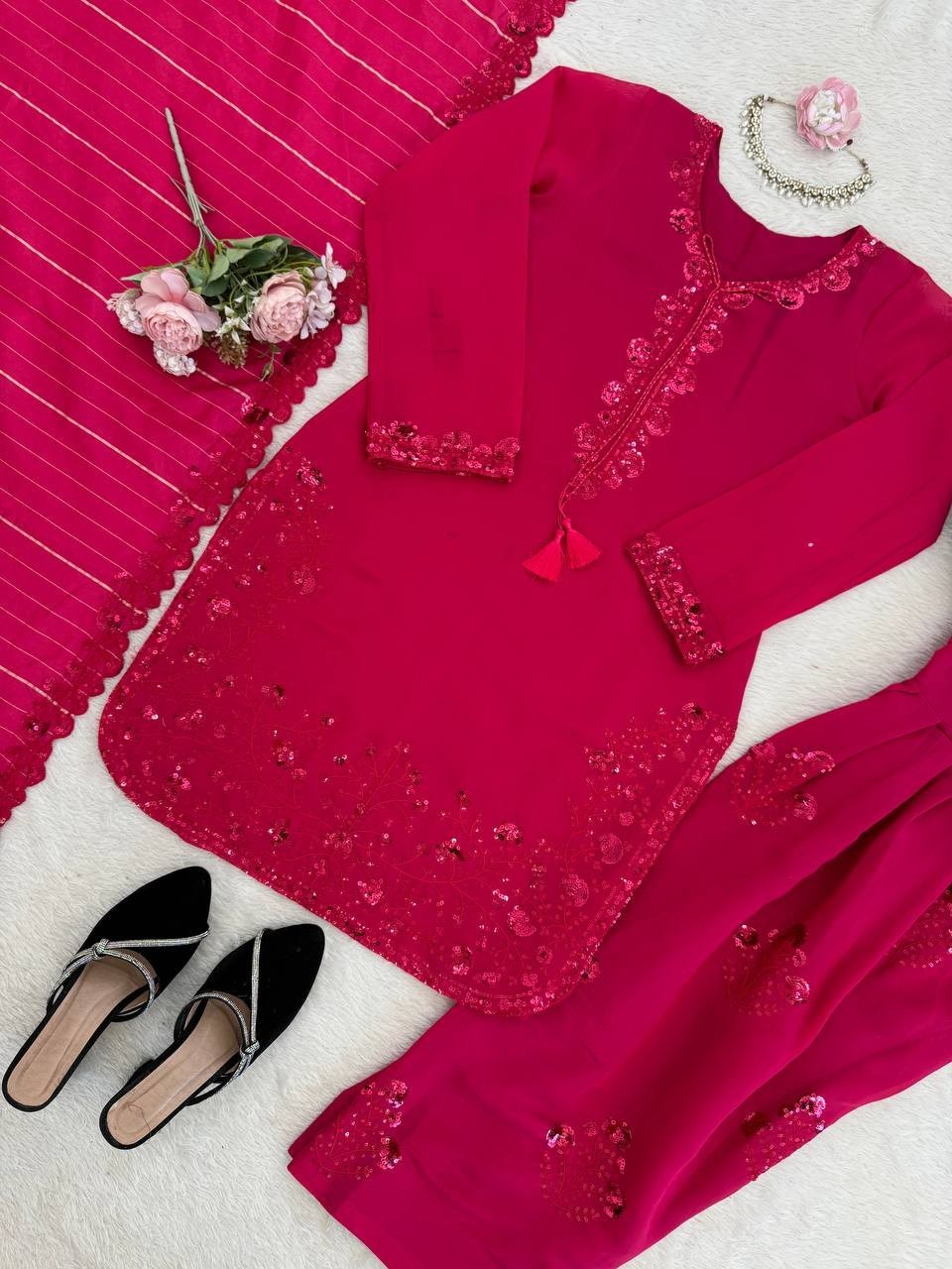 Stylish Mul Chanderi Pink Top Bottom With Dupatta For Wedding & Party Wear