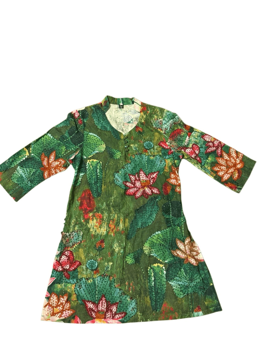 Asian inspired Kurta tunic lotus flower beaded L XL Ming Juan Tang