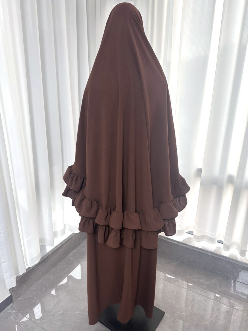 Women Muslim Solid Color Ramadan Robe Dress Set Arab Lotus Leaf Edge Big Turban