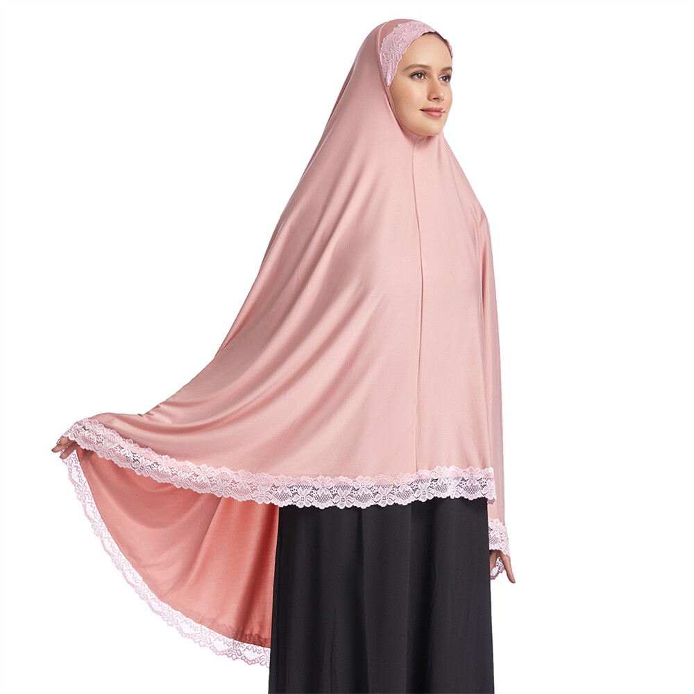 Muslim Women Ramadan Scarf Hijab Islam Prayer Turban Amair Lace Trim Headcover