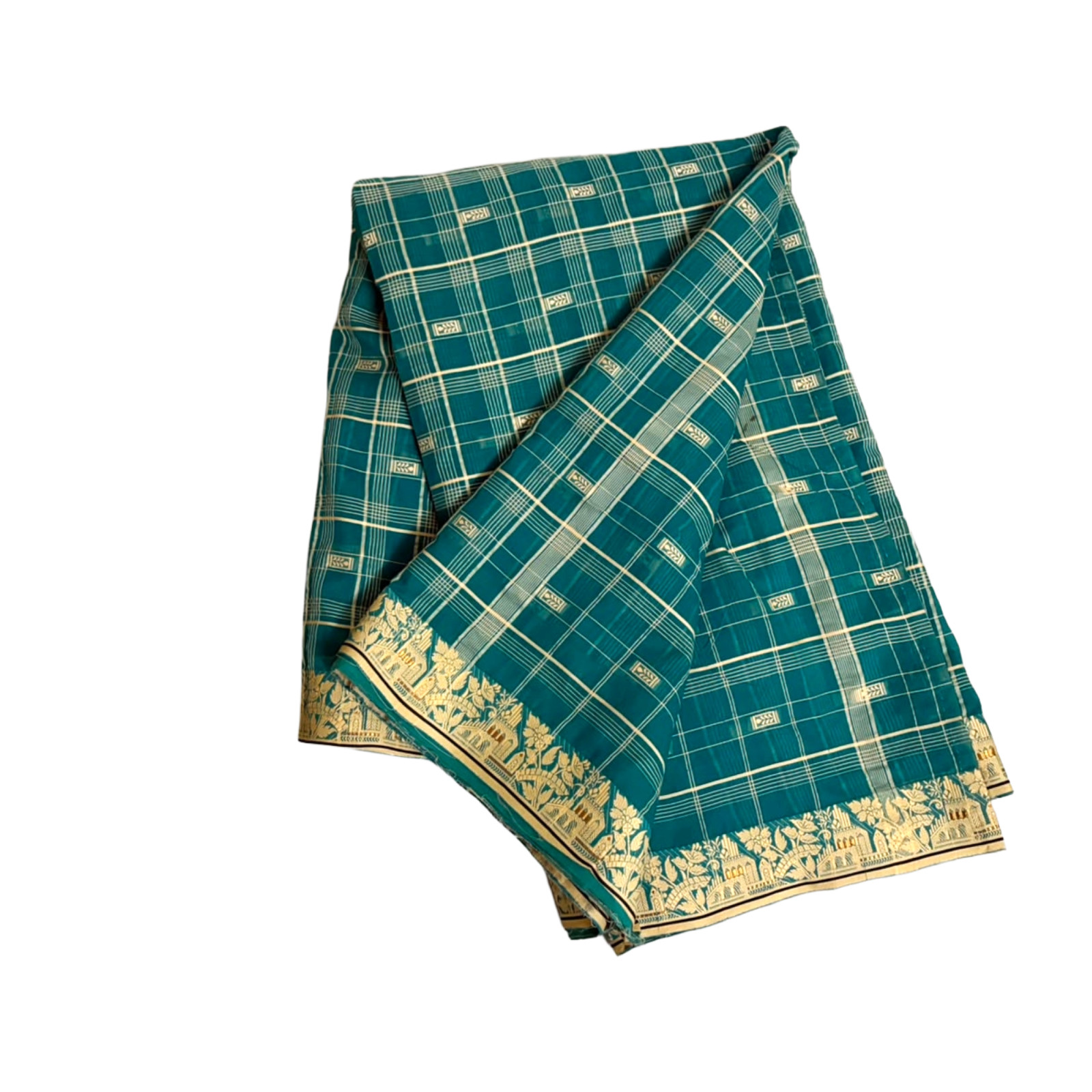 Cotton Saree Indian Green Dress Vintage Craft Fabric Checked Embroidered Sari 5Y