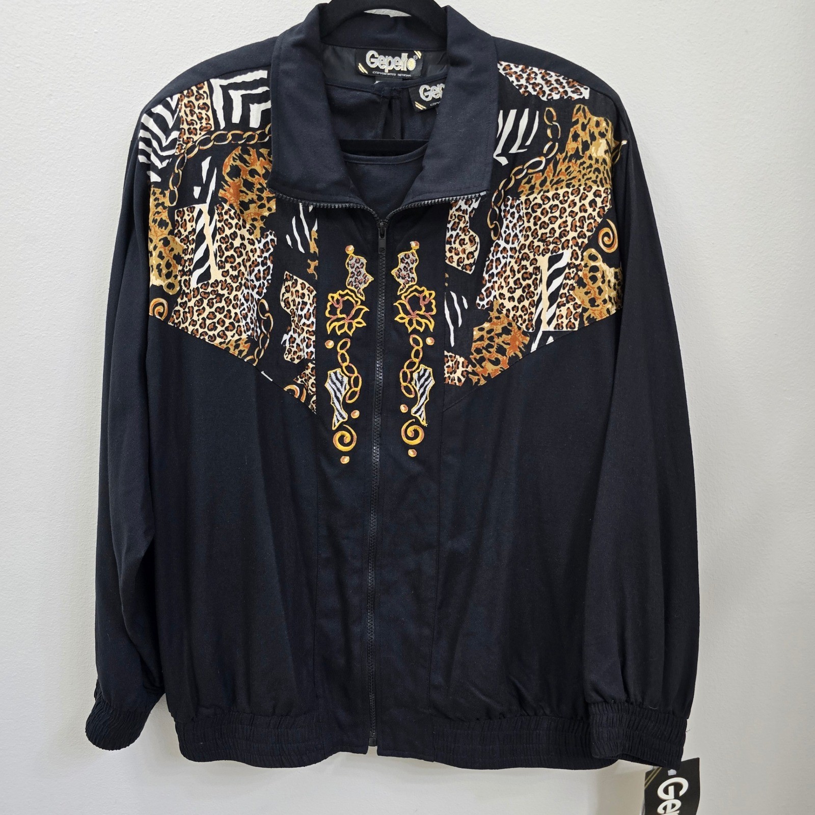 Vintage Gepetto 100% Silk 2pc Jacket Set Animal Print Gold Embroidery XL NWT