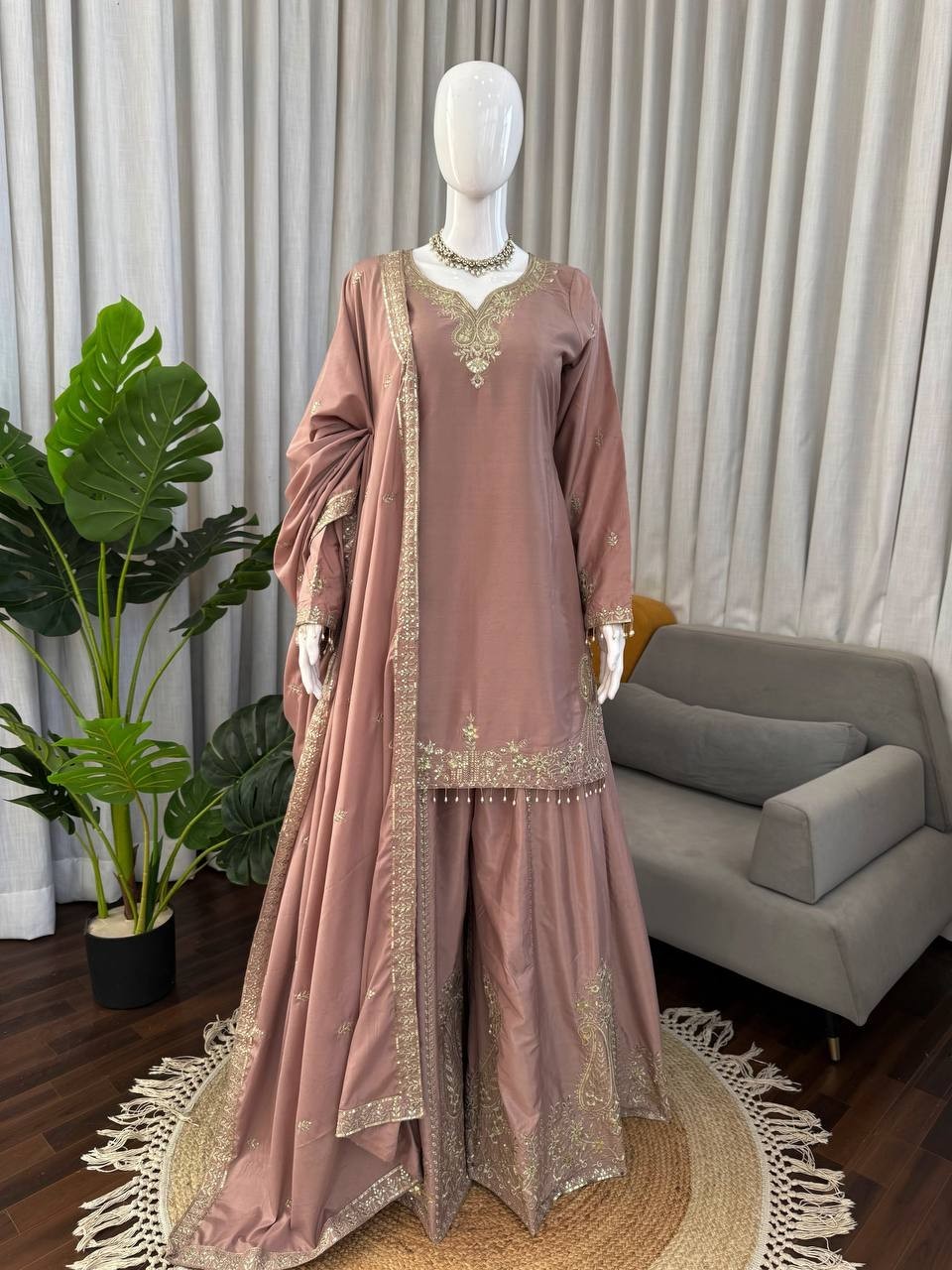 Natural Crepe Light Brown Top Palazzo With Dupatta For Indian Wedding Wear