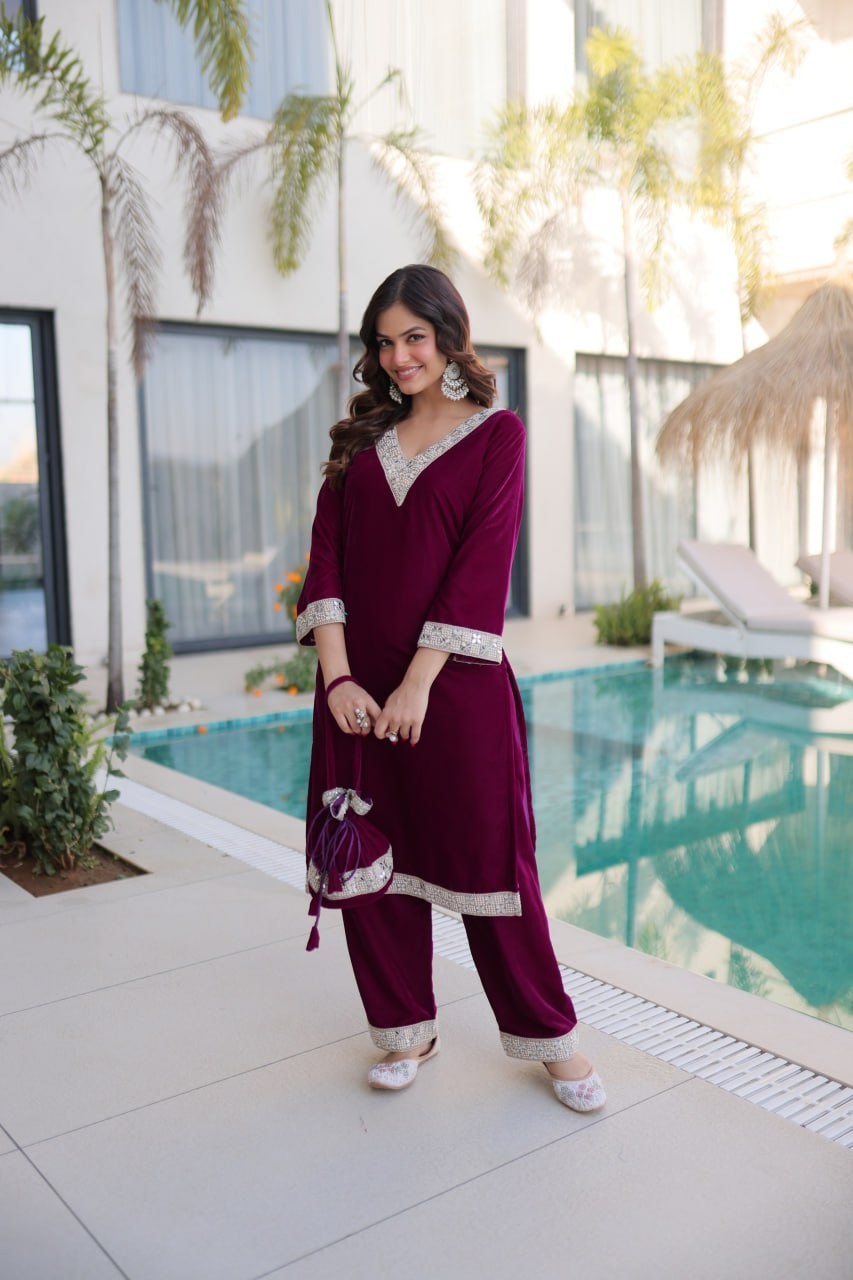 ReadytoWear Velvet Kurti Pant Set | Eid Party Outfit Zari Mirror | S M L XL XXL