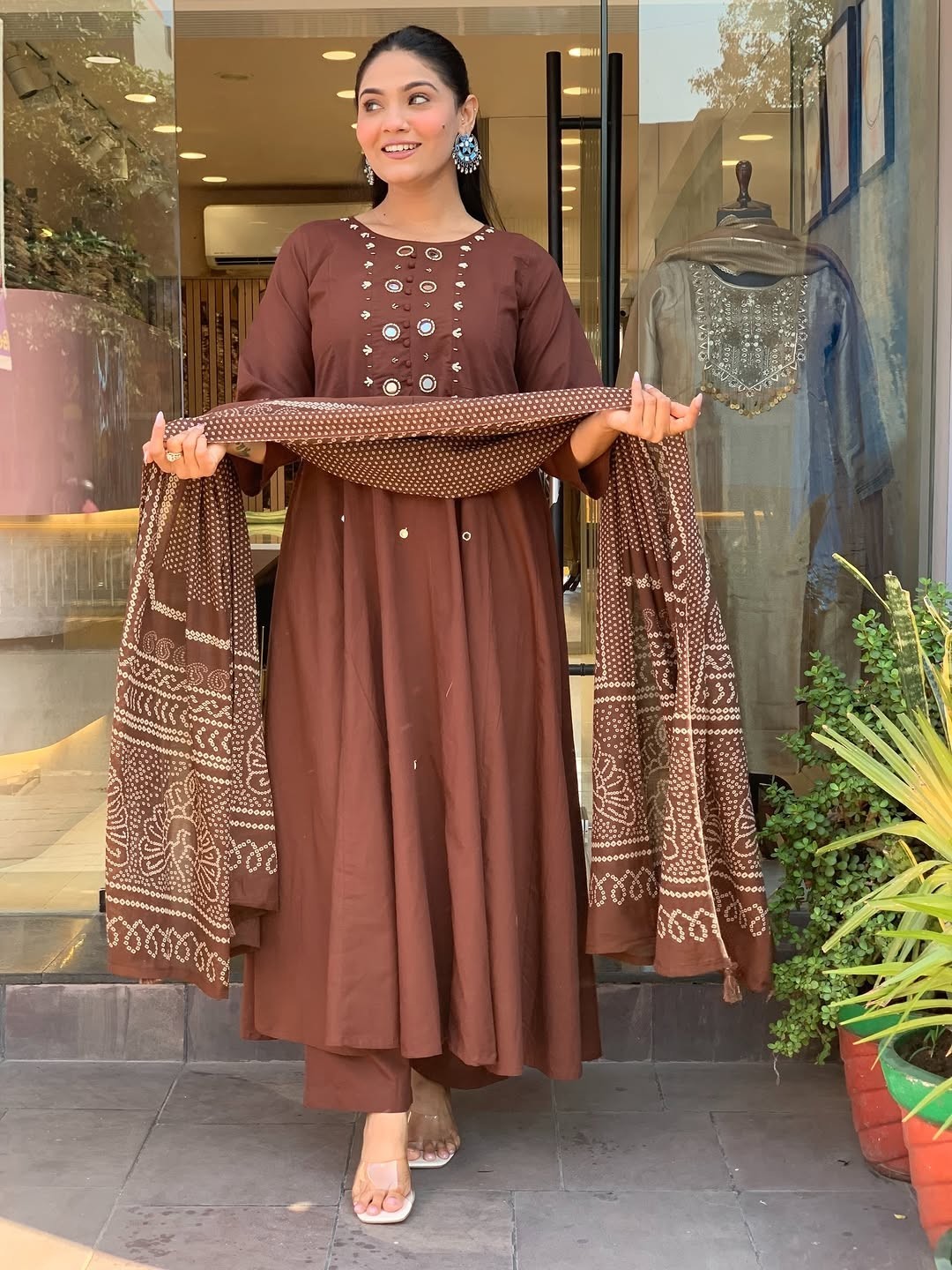 Elegant Brown Anarkali Kurta Pant & Dupatta Set | Festive | Wedding | Party Wear