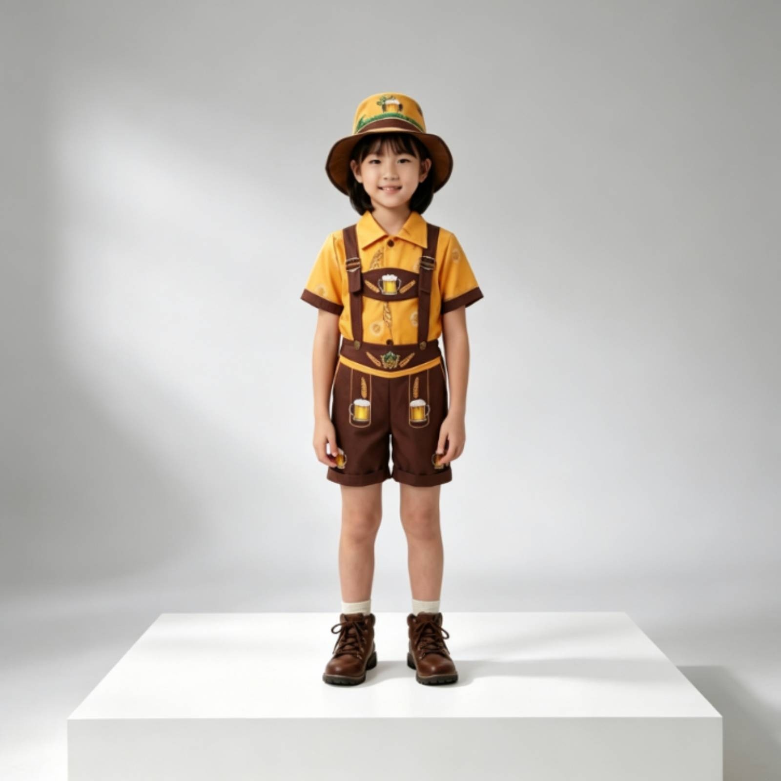 German Costume with Hat Kids Lederhosen Attire Short-Sleeve for Halloween
