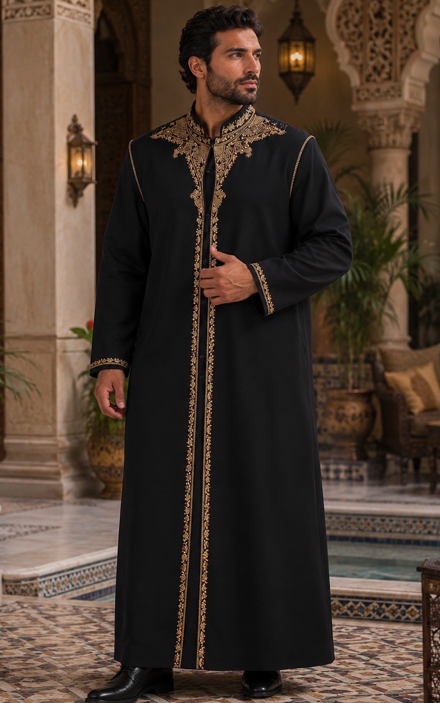 Women’s Black Kaftan Robe Gold Embroidery Satin Synthetic, Size 46