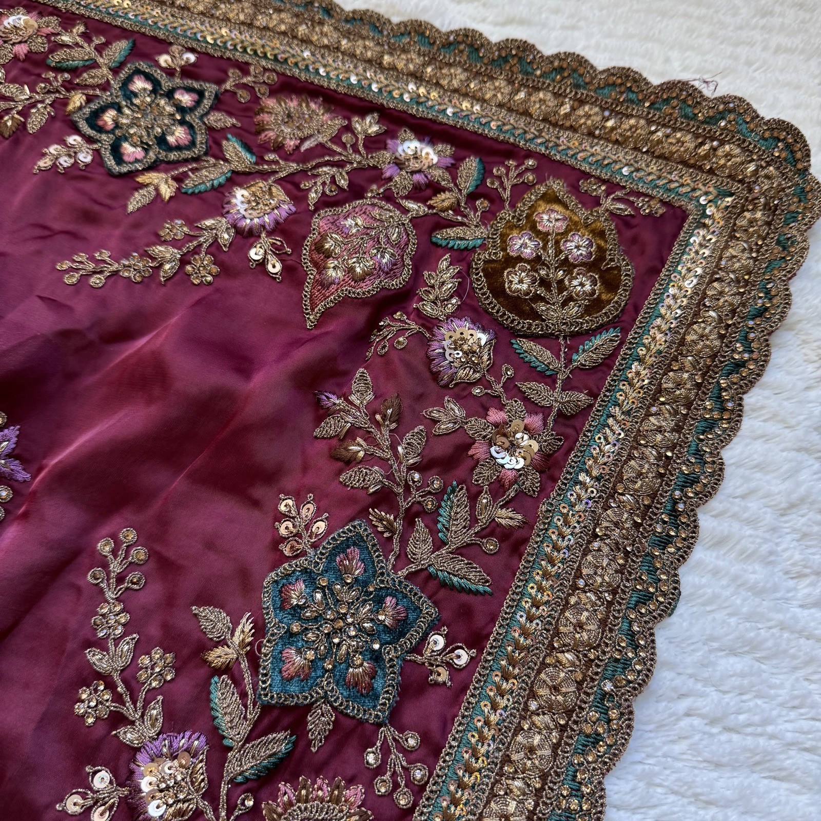 Ready To Wear Indian Saree Blouse Set M Maroon Green Embroidered Wedding Guest