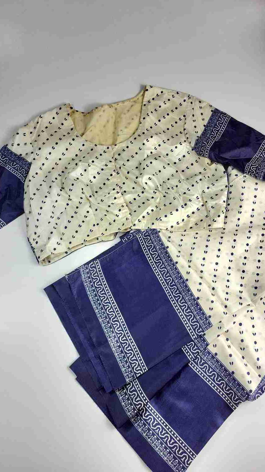 Cream & Navy Saree – Cotton Silk Blend With Matching Blouse