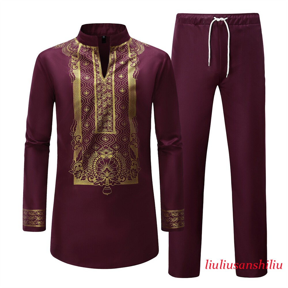 Men’s African 2 Piece Set Traditional Shirt and Pants Set Suit Middle East Suit