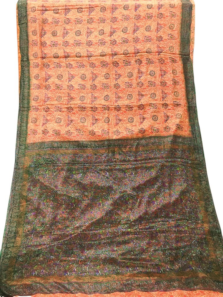 Women Silk Chiffon Peach Sari Floral Print Indian Wear Lightweight Sari PGS1879