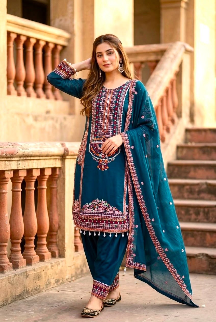 Designer Heavy Mal Chanderi Embroidered Palazzo Suit Set Mirror Work Women