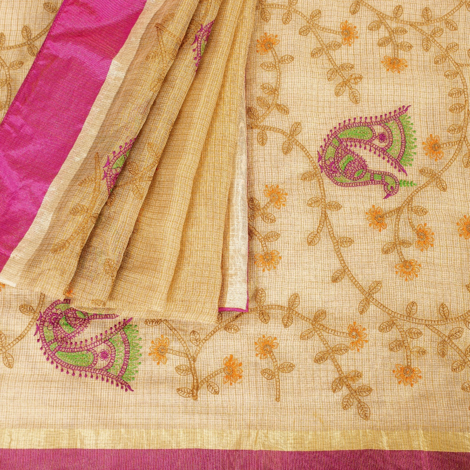 Sanskriti Vintage Sarees Pure Silk Beige Hand Embroidered Kantha Kota Doria Sari