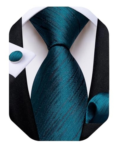 Mens Tie Set Silk Solid Paisley Necktie and Pocket Square Cufflinks Dark Teal