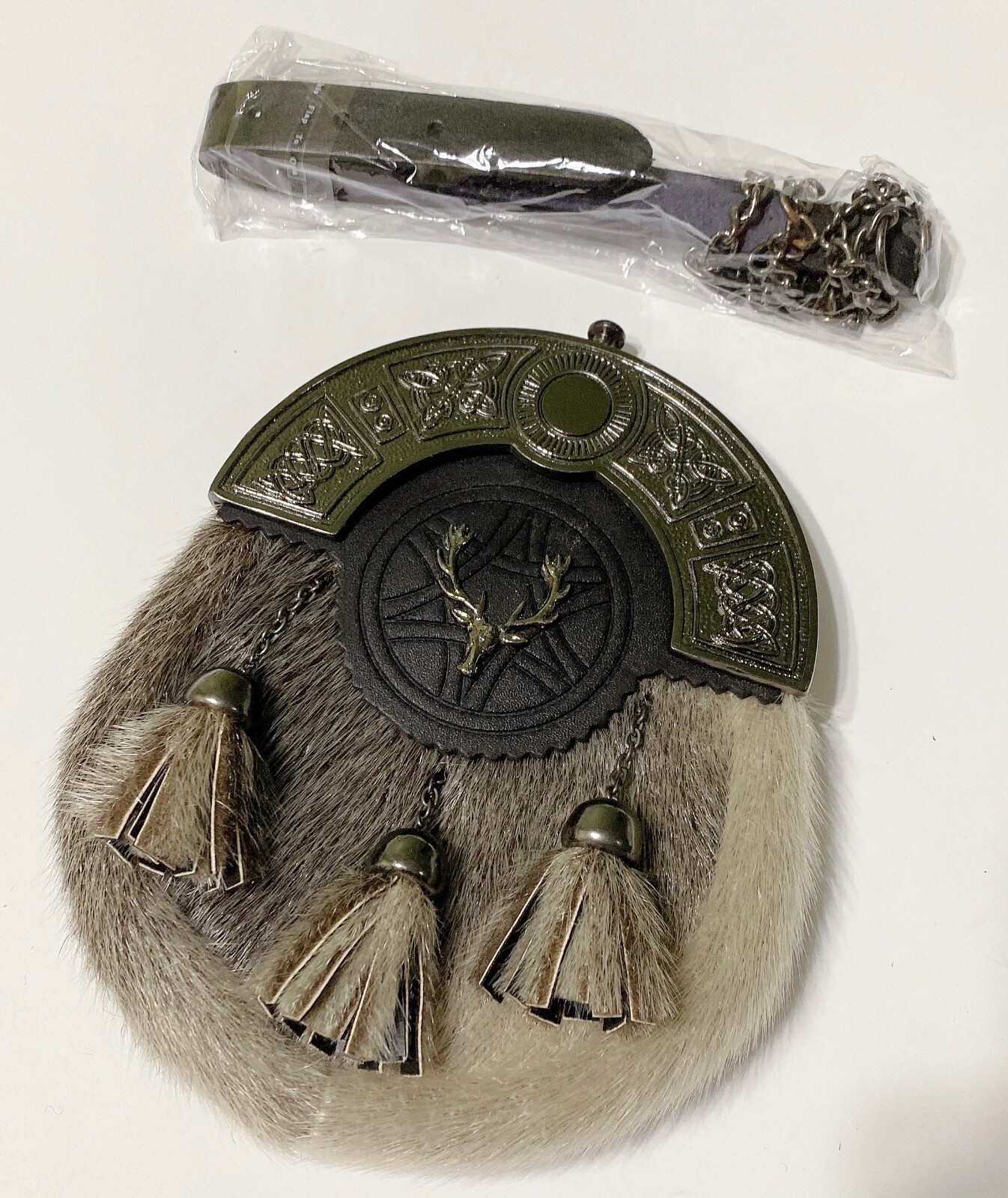 Men’s Stag Head Scottish Sporran Antique Style with Three Matching Tassels, Belt