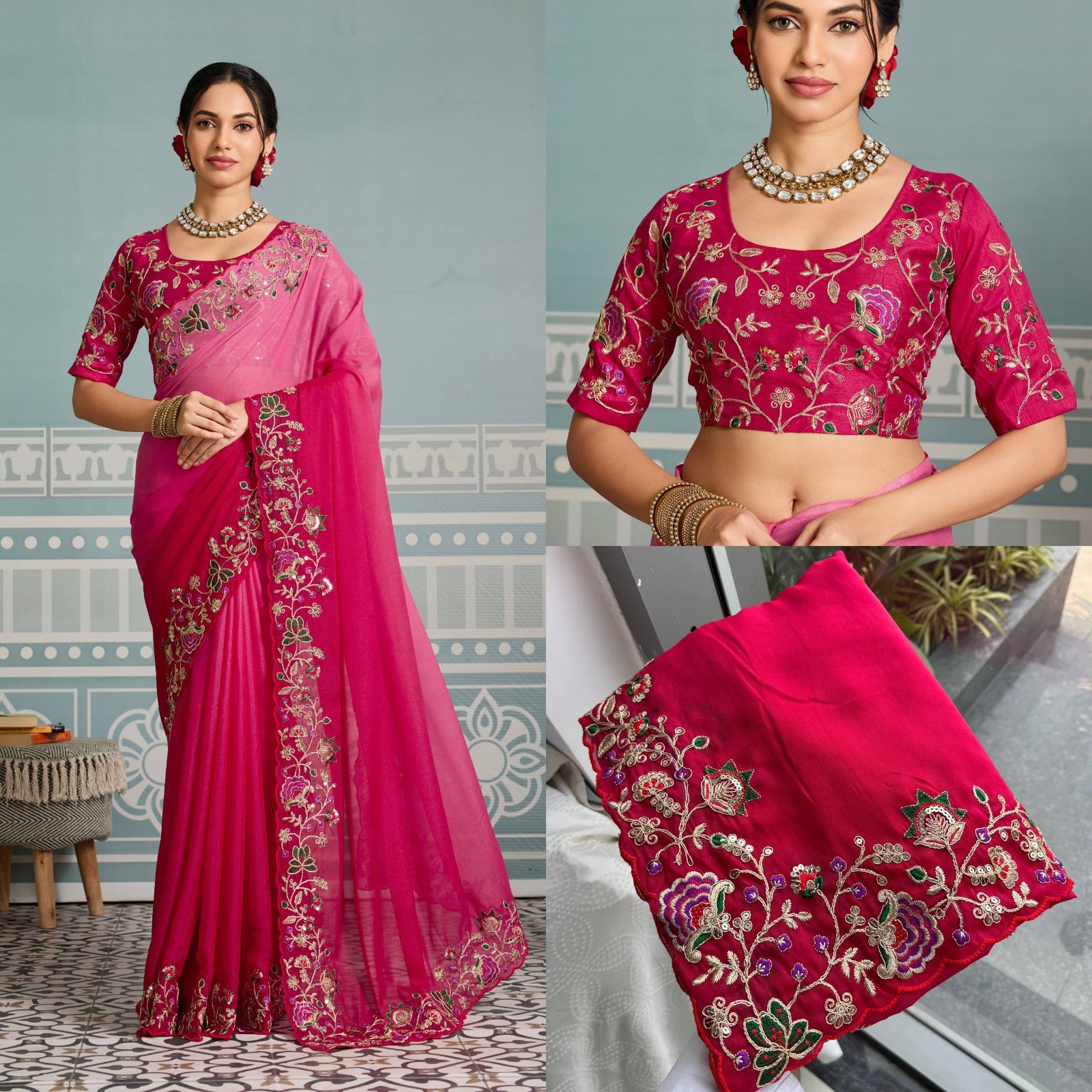 Indian Ethnic Georgette Saree Embroidered Cutwork Border Party Wear Indian Sari