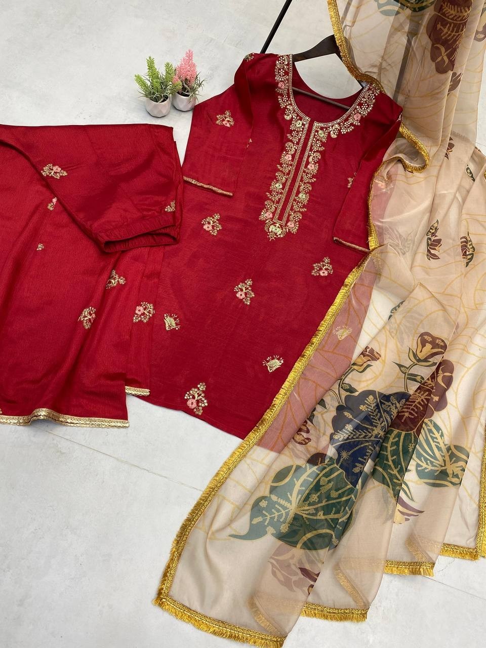 Designer Chinon Plazzo Suit Set Embroidery Sequence Wedding Ready M-XXL