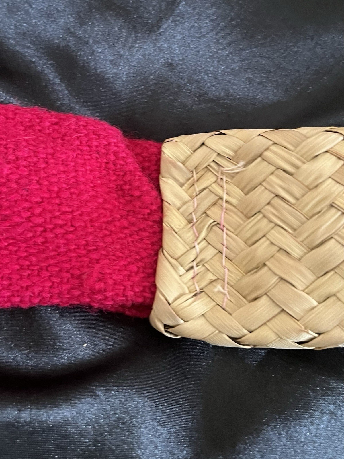 Rare 106″ MAYAN Woven Natural Rattan & Wool BELT Red From Mexico Vintage Rare