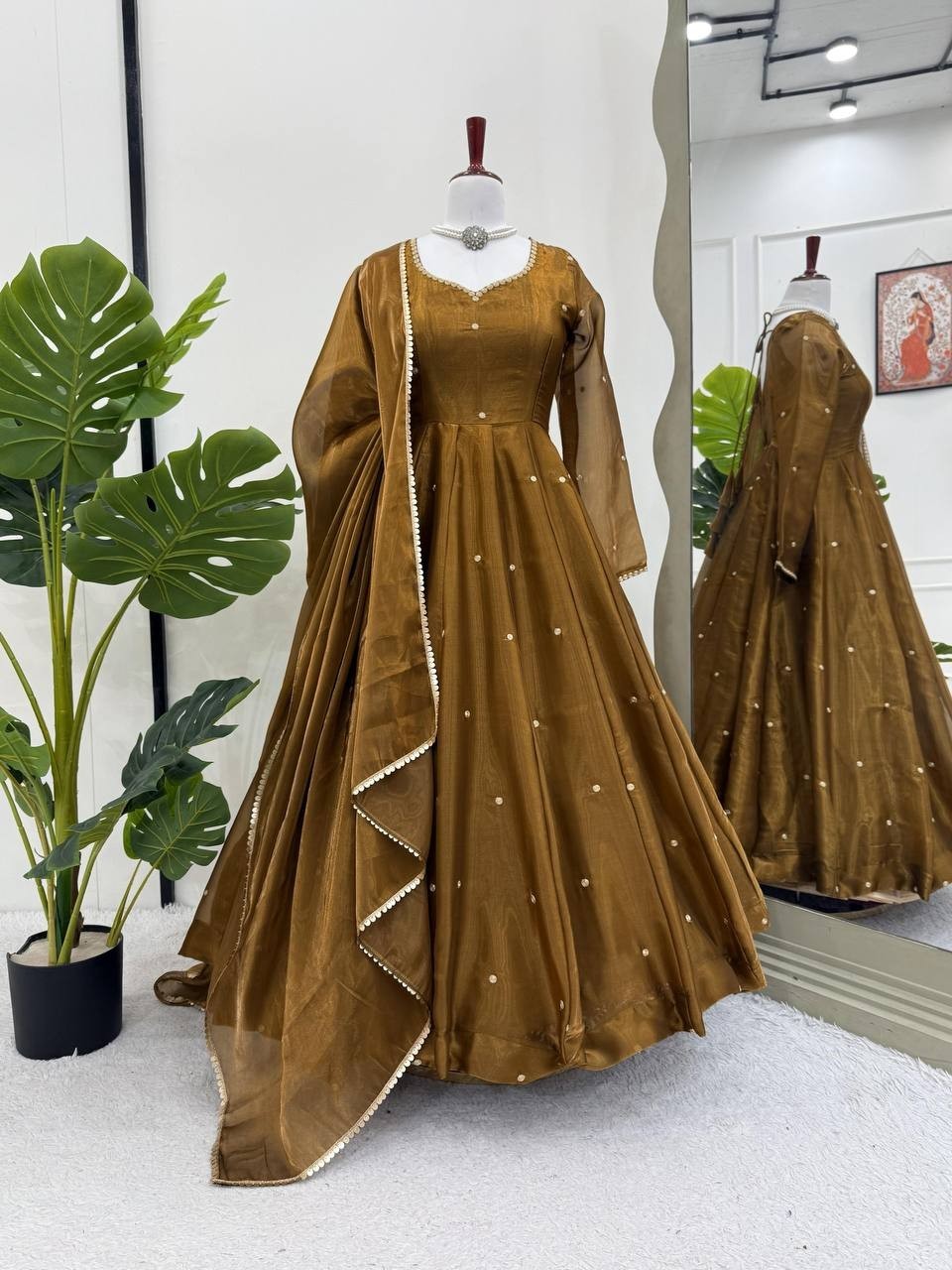 Beautiful Silk Copper Gown Bottom With Dupatta For Indian Festival Wear