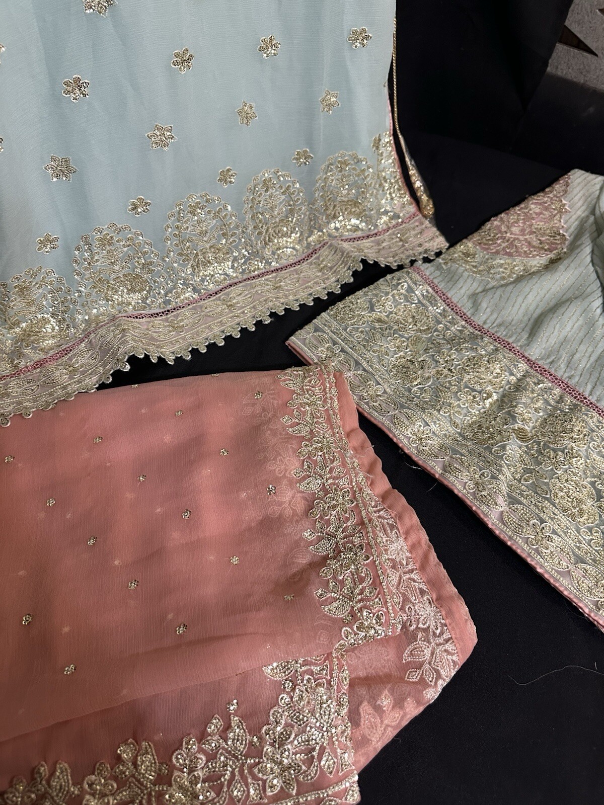 EID COLLECTION, Premium Chiffon Emb/Seq 3 Pc Plazo Suit – Large – $85