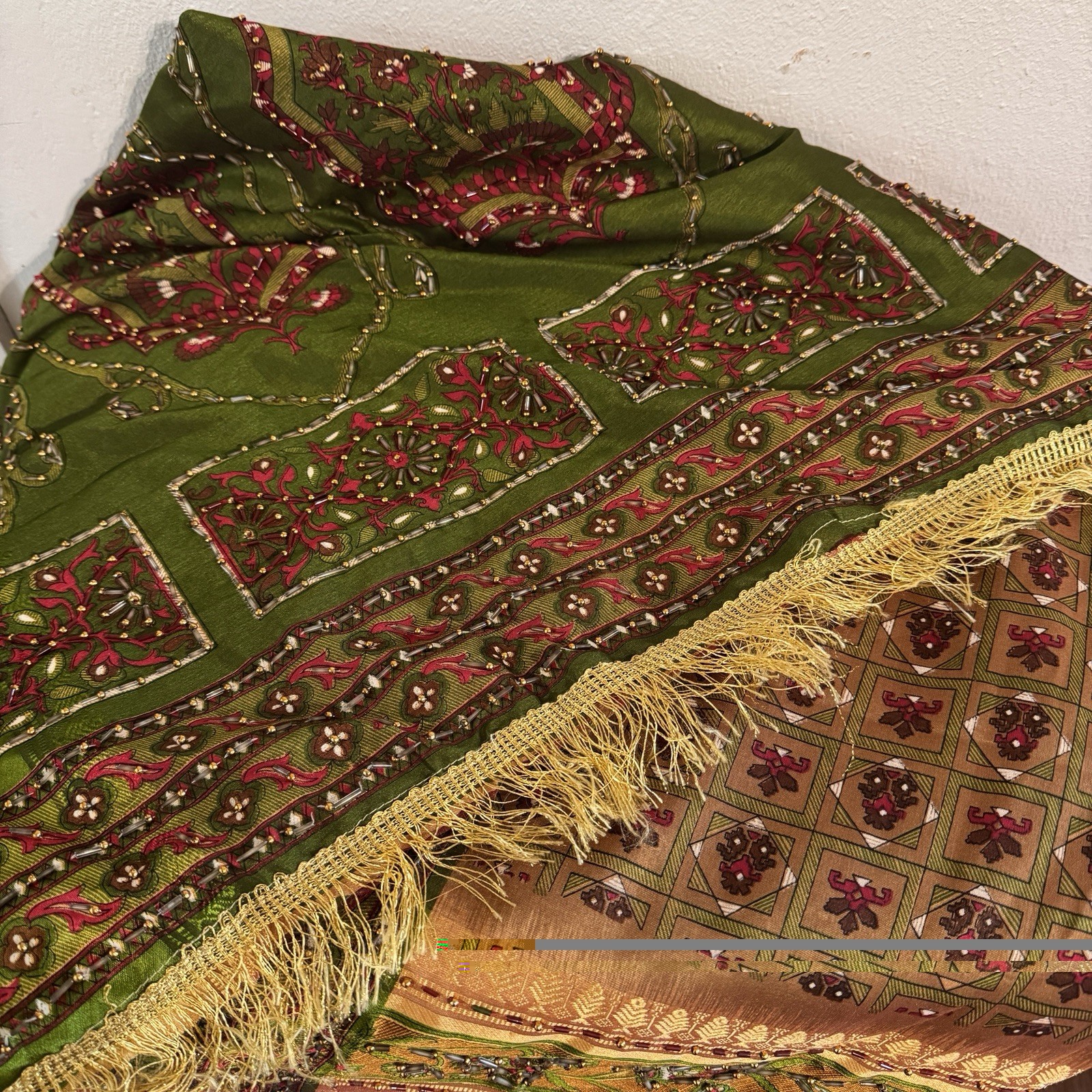 Vintage Olive Green Gold Red Saree Beaded Fringe Sari Fabric 210″x44″