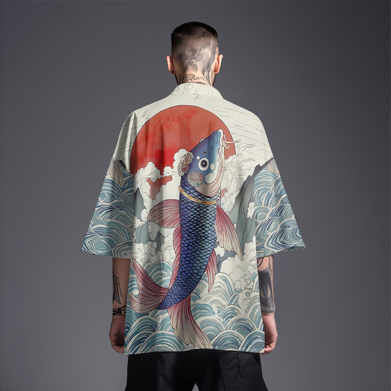 Niepce Men’s Japanese Graphic Lightweight Aqua Nature Kimono Cardigan Shirt Top