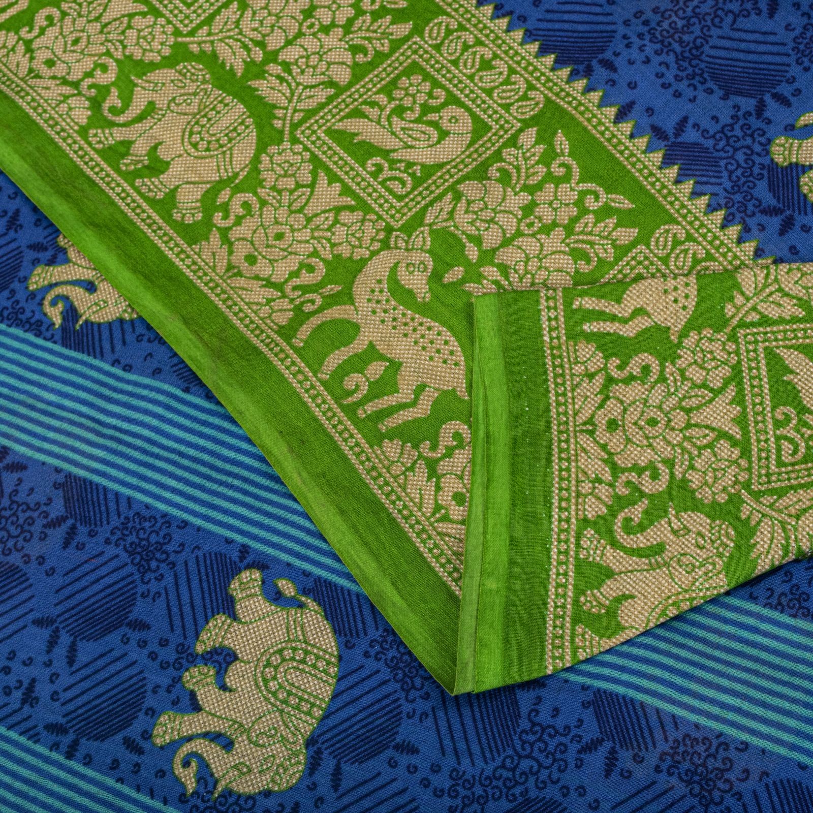 Sanskriti Vintage Saree Blue-Green Pure Cotton Animal Printed Craft Fabric Sari