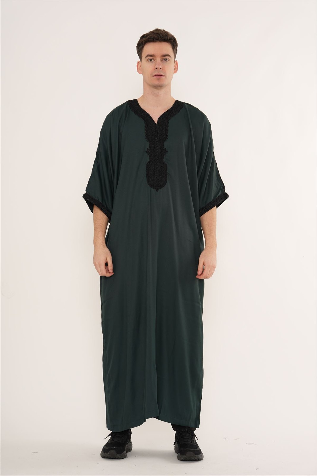 Men’s Green Moroccan Thobe Half Sleeve Black Kaftan Eid Ramadan