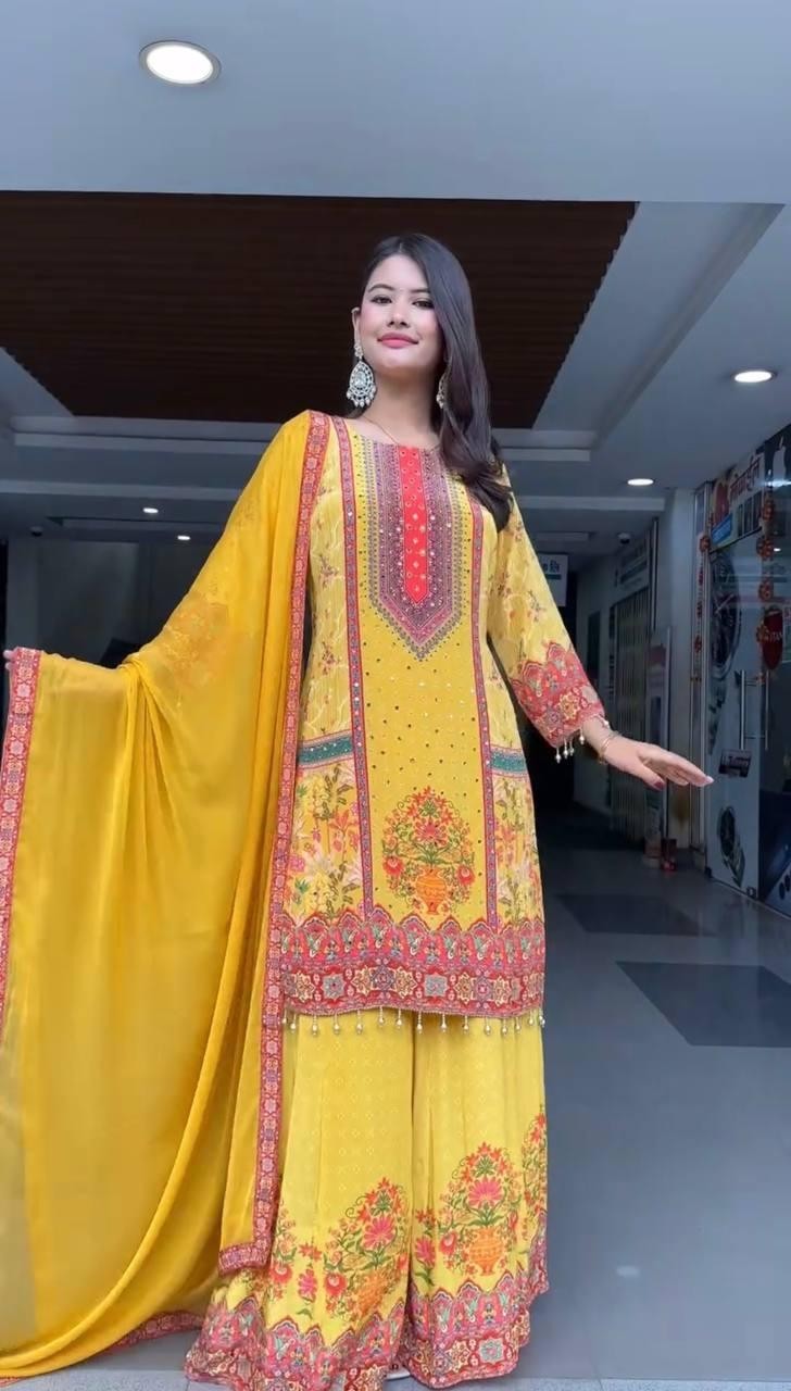 Latest Yellow Natural Silk Palazzo Suit With Faux Georgette Dupatta For Function